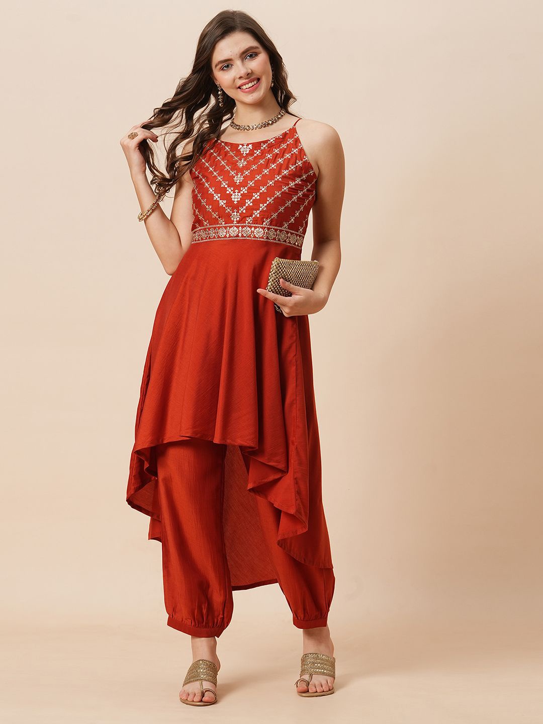 

Globus Embroidered Halter Neck High-Low Hem A-Line Kurta With Afghani Pants Festive Set, Rust