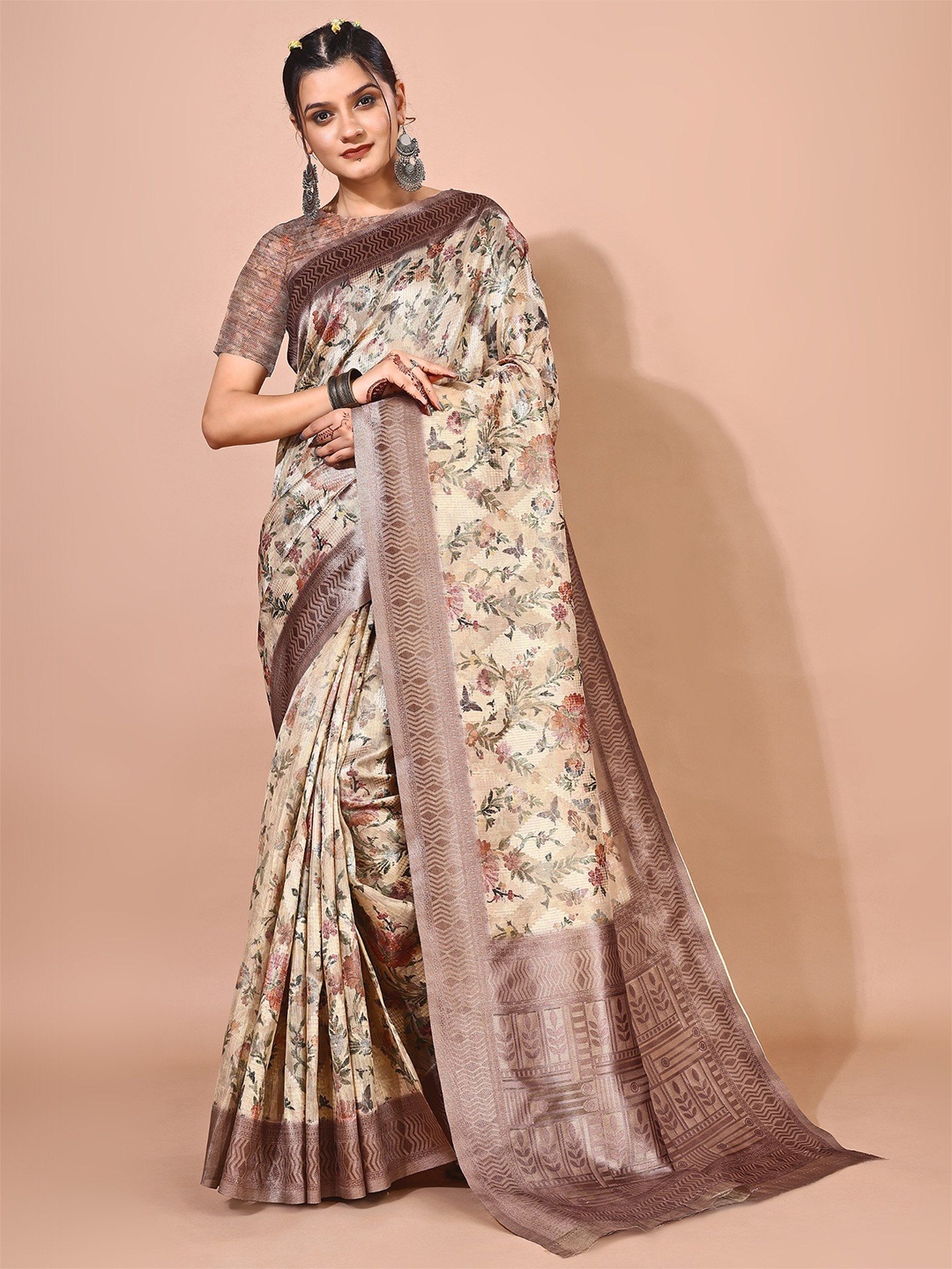 

Avyay Creation Floral Printed Zari Organza Saree, Beige