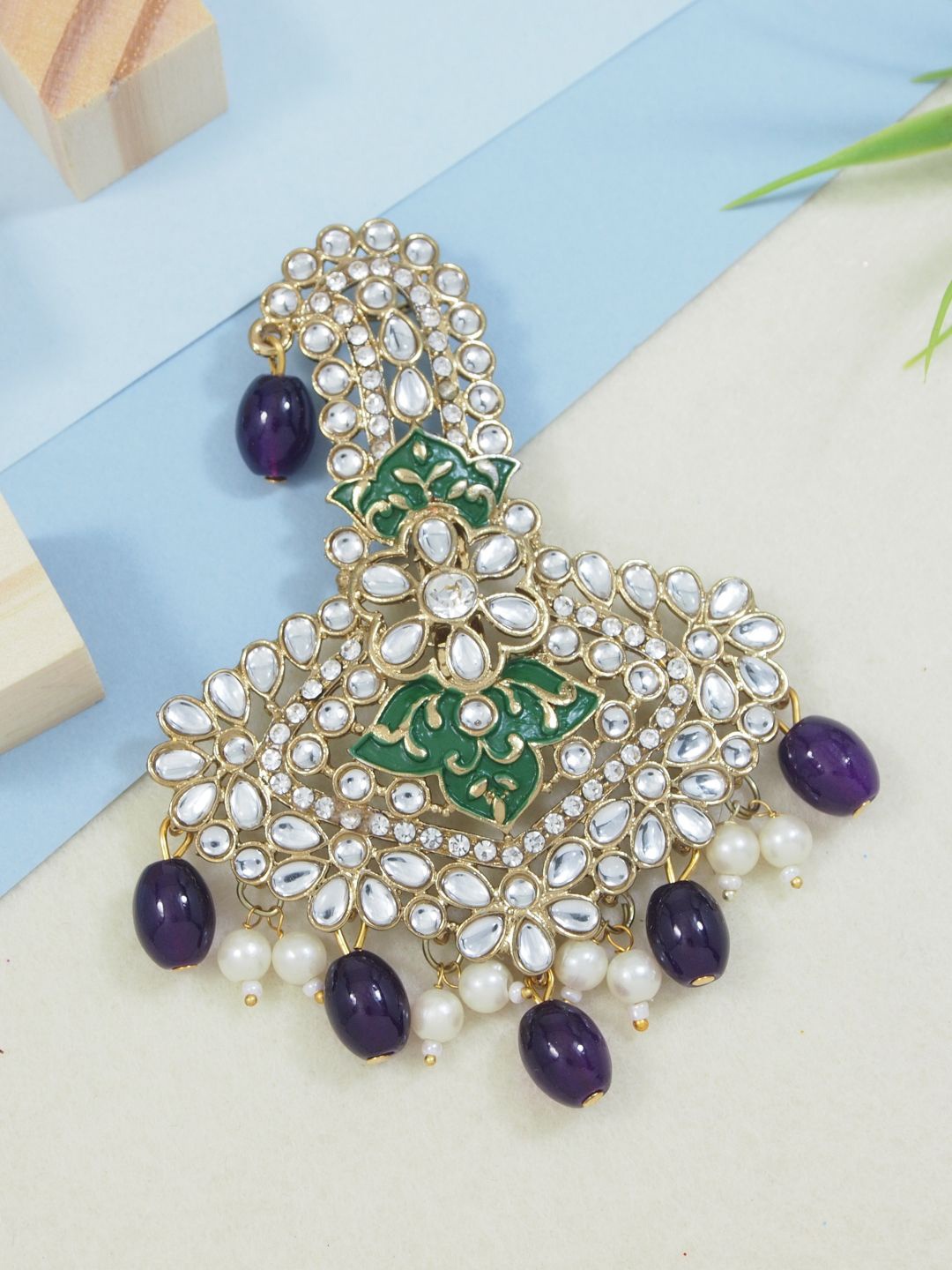 

I Jewels Gold Plated Kundan Safa Kalangi Brooch, Purple