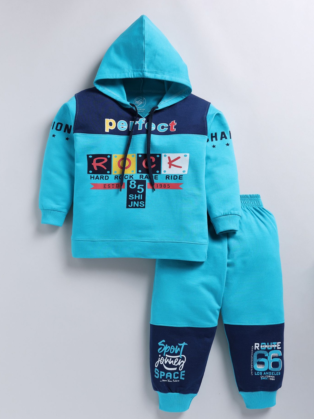 

Zeal Boys Printed Hooded Cotton Sweatshirt With Joggers, Turquoise blue