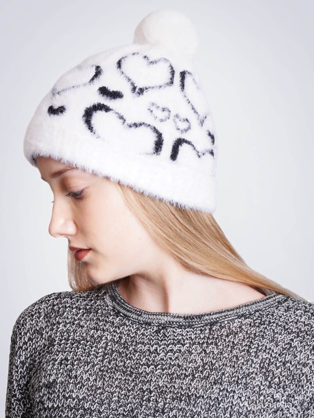 

Bharatasya Women Printed Woollen Beanie, White