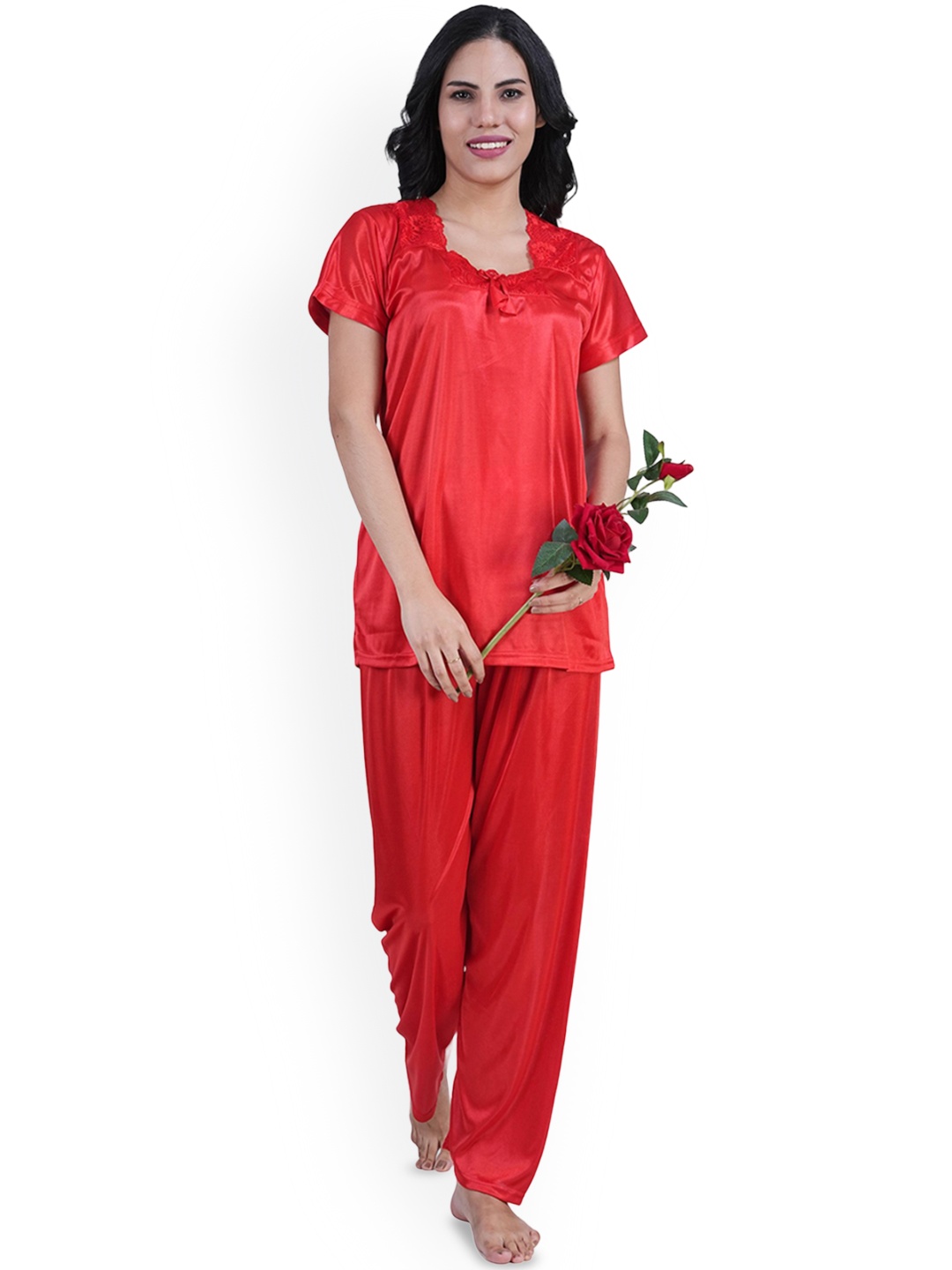 

Noty Women Night suit With Lace Work-, Red