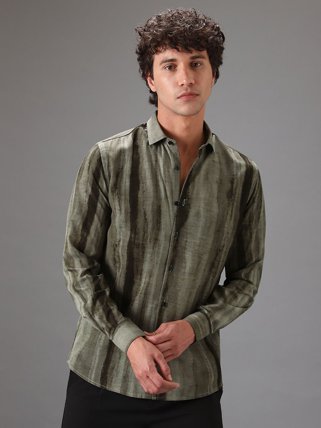 

Banana Club Men Classic Slim Fit Opaque Printed Casual Satin Shirt, Olive