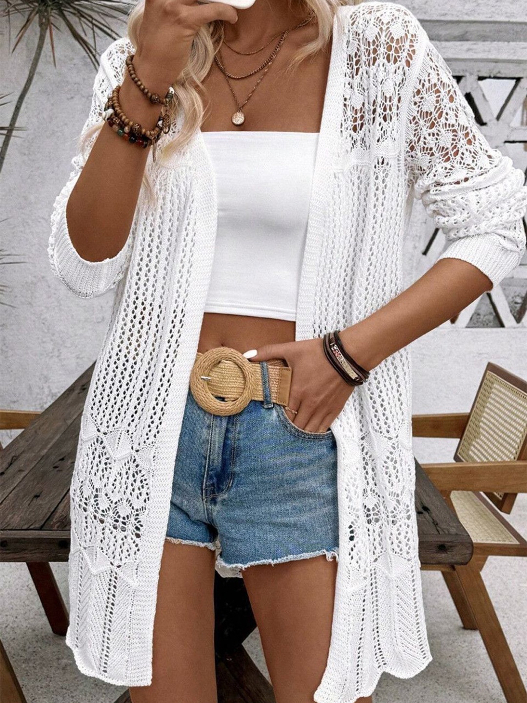 

StyleCast Women Acrylic Longline Front-Open Sweater, White
