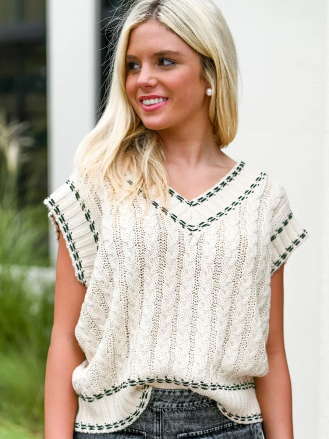 

StyleCast Women Self design V - Neck Sweater Vest, White