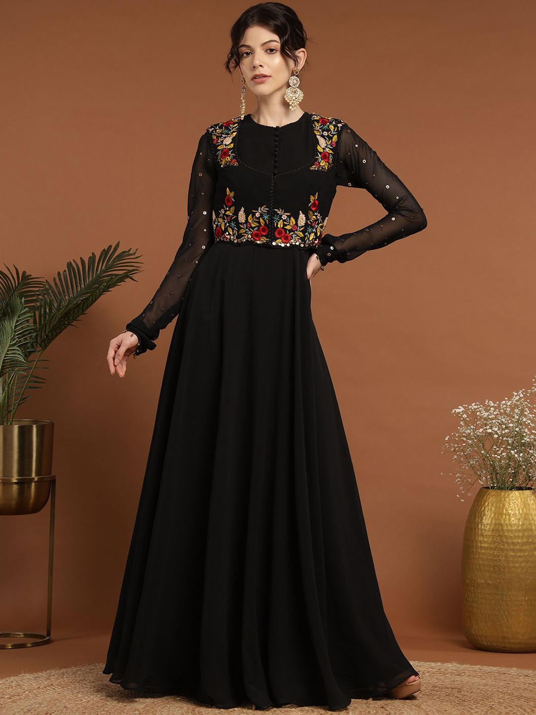 

RIRASA Embroidered Fit & Flared Maxi Dress With jacket, Black