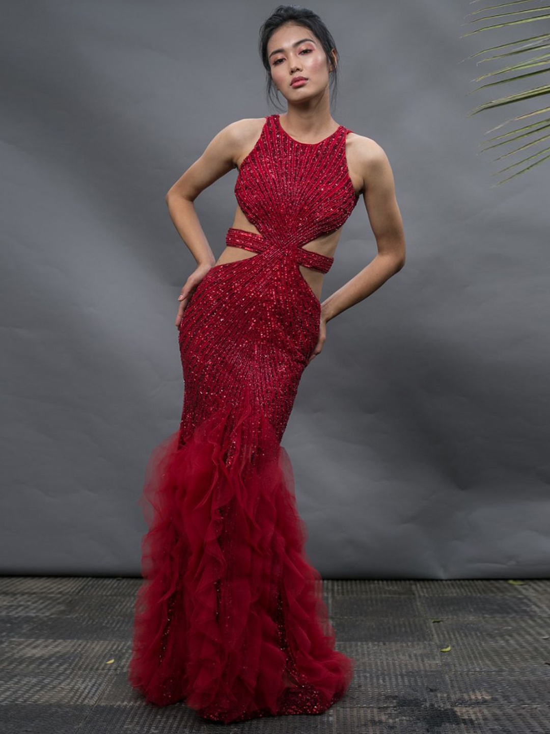 

Nikhita Mynah Designs Women Self Design Embellished Maxi Dress, Red
