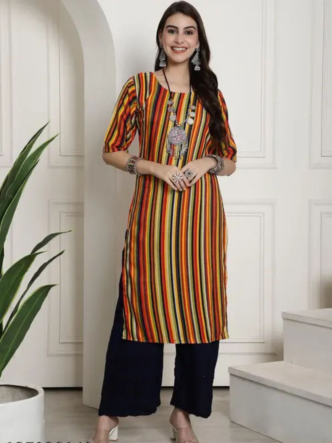 

AK FASHION MALL Striped Round Neck Thread Work Crepe Straight Kurta, Yellow