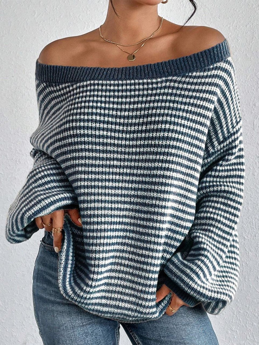 

StyleCast Women Striped Off-Shoulder Pullover Sweater, Blue