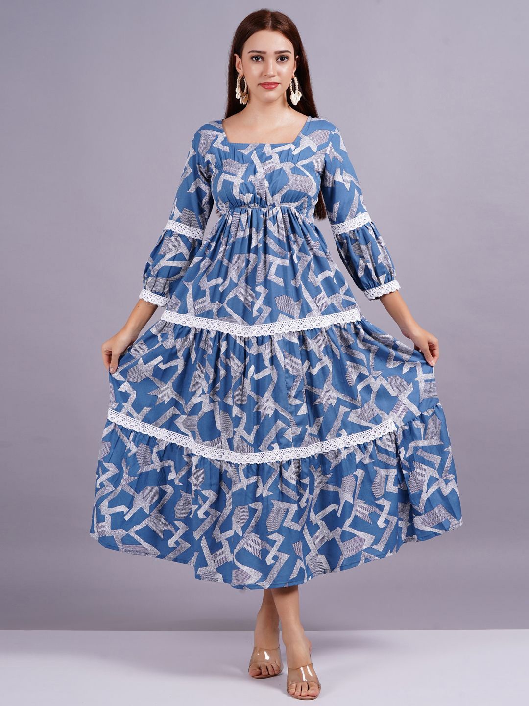 

HIGHLIGHT FASHION EXPORT Abstract Printed Square Neck Fit and Flare Maxi Dress, Blue