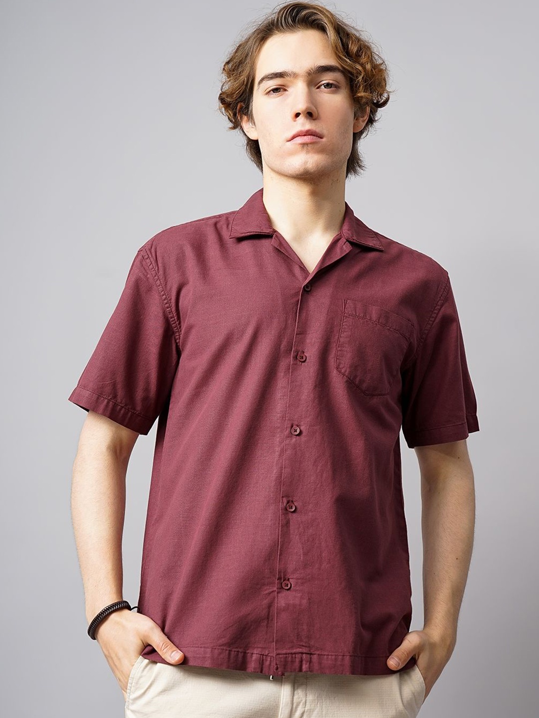 

British Club Classic Cuban Collar Casual Shirt, Burgundy