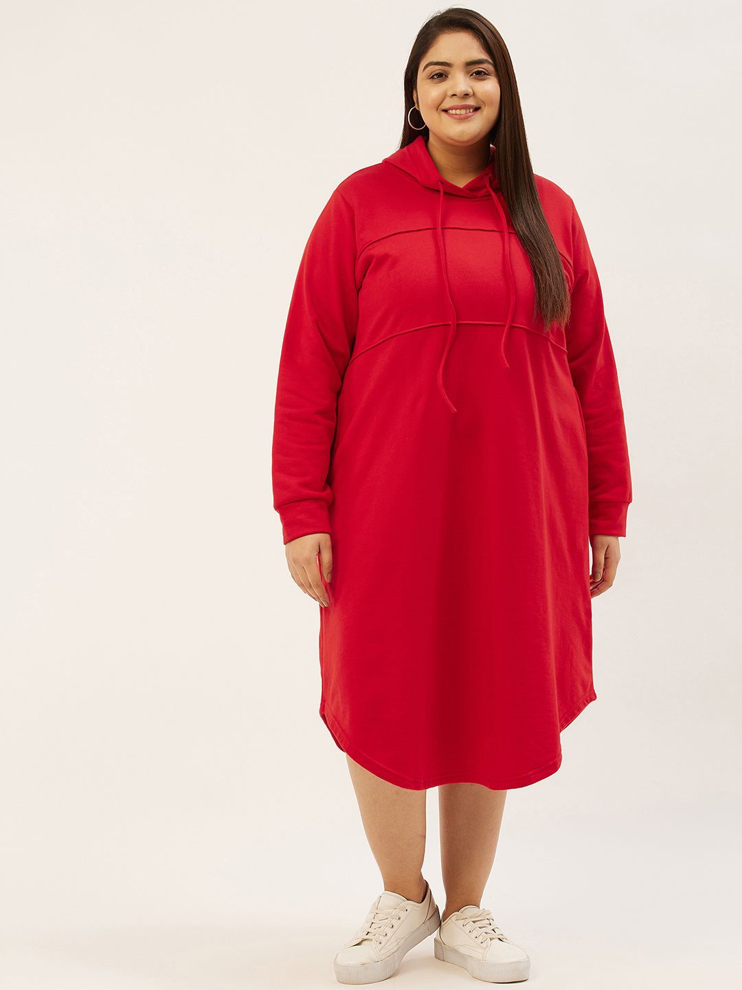 

theRebelinme Women Cotton Plus Size A-Line Hooded Midi Dress, Red