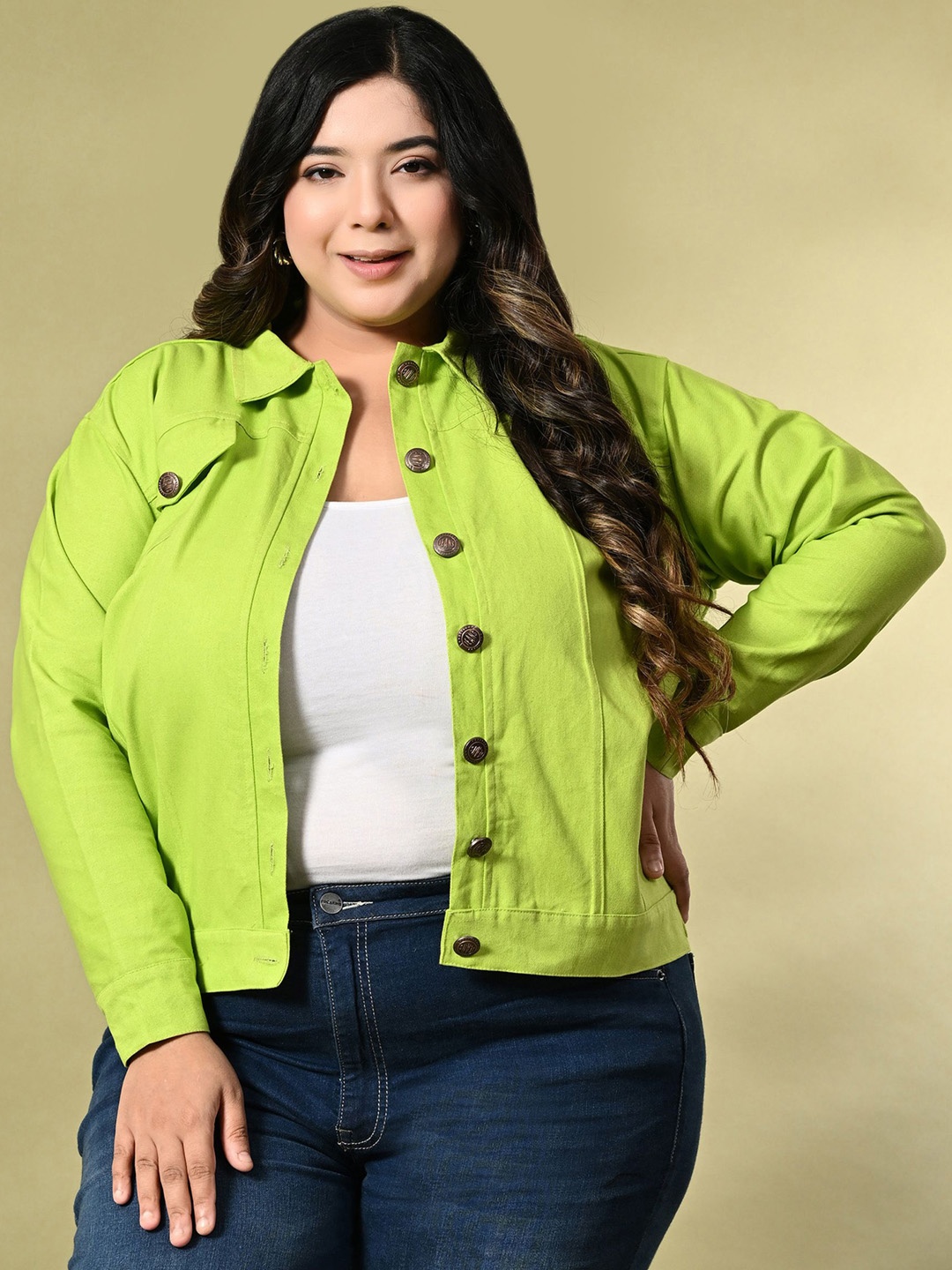 

Funday Fashion Women Solid Denim Jacket, Lime green