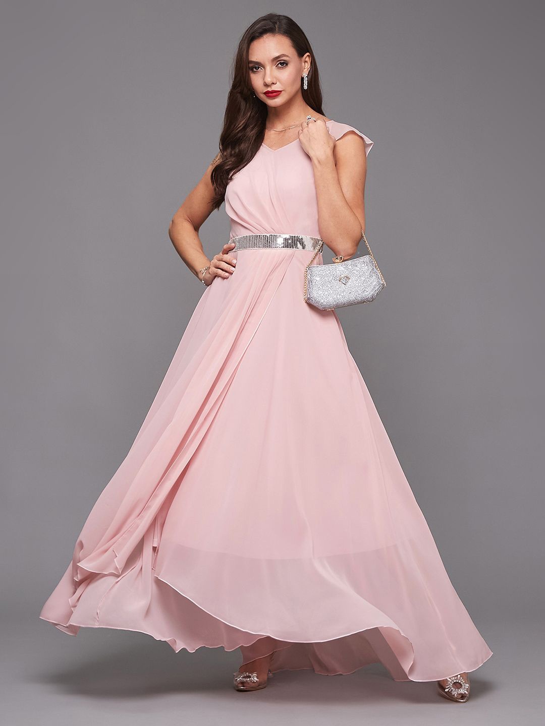 

Miss Chase Women V-Neck Pleated Maxi Dress, Pink