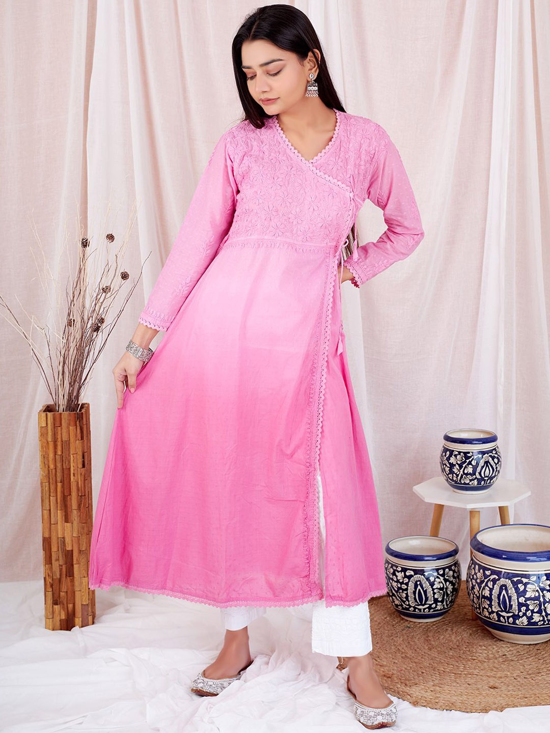

The Chikan Label Floral Embroidered Chikankari Angrakha Cotton A-Line Kurta, Pink