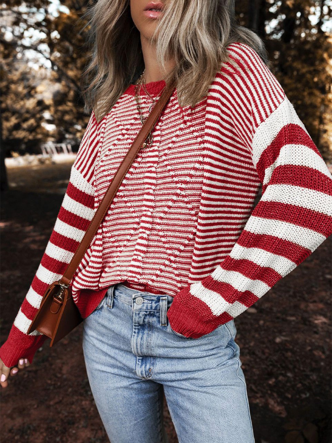 

StyleCast Women Striped Round Neck Pullover Cotton Sweater, Red