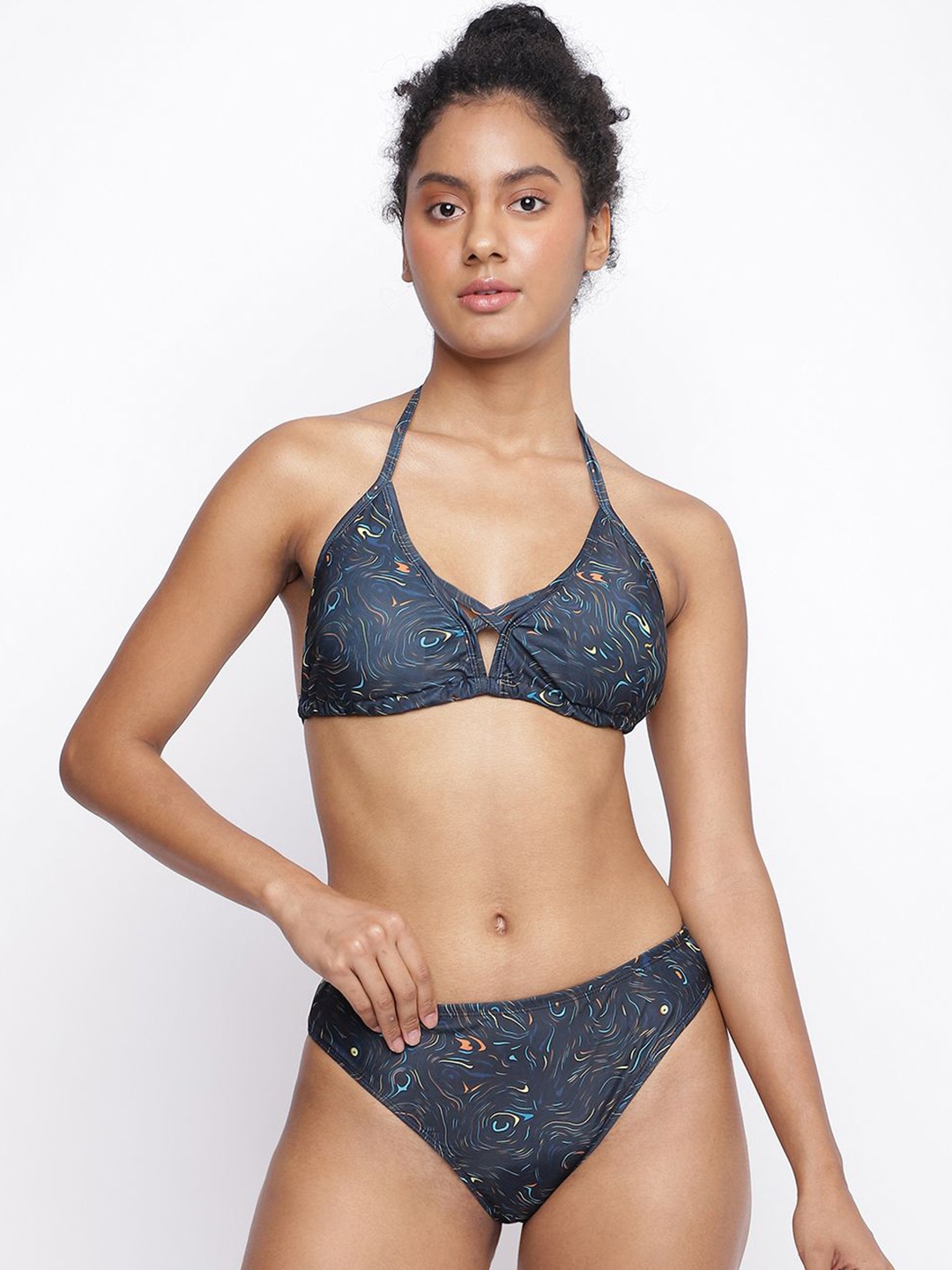 

La Intimo Printed Kalpati Reef Tie Up Bikini Swim Top, Navy blue