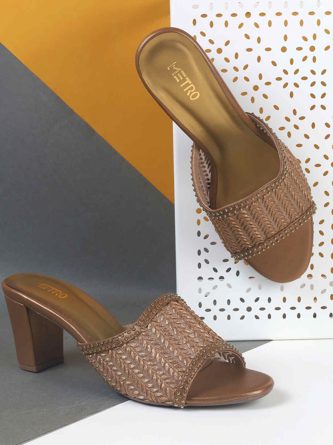 

Metro Women Textured Open Toe Block Heel Sandals, Gold