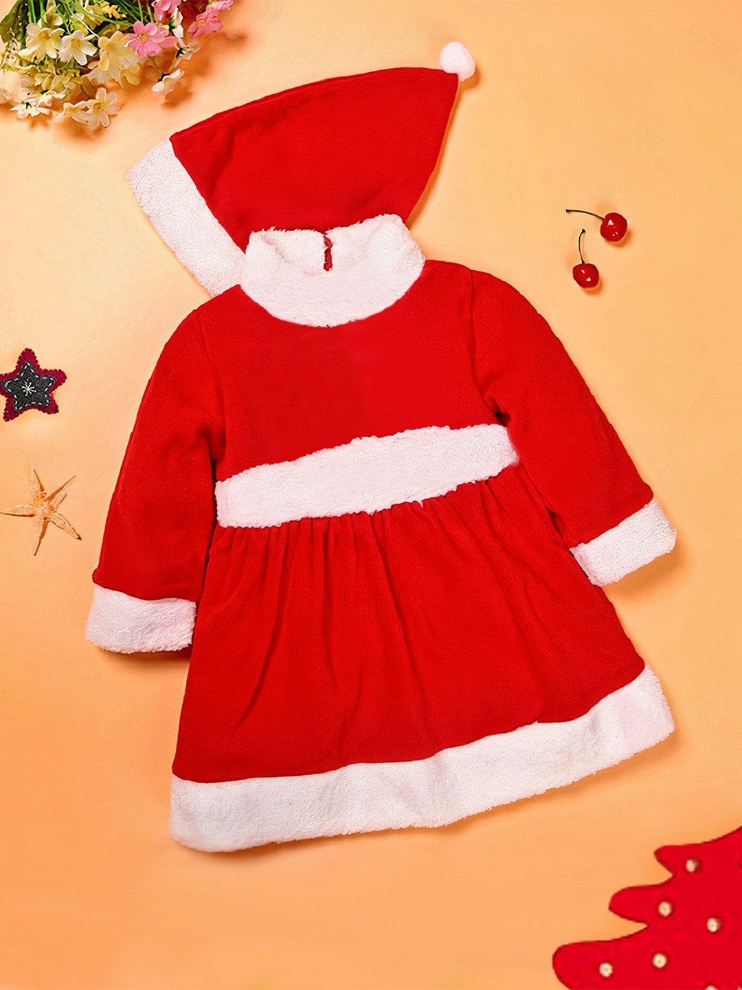 

KAARIGARI Girls Colourblocked Fit and Flare Velvet Dress, Red