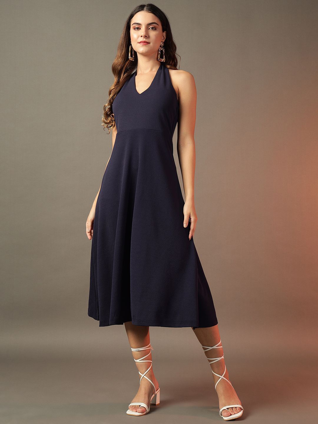 

Trend Arrest Women Halter Neck Fit & Flare Midi Dress, Navy blue