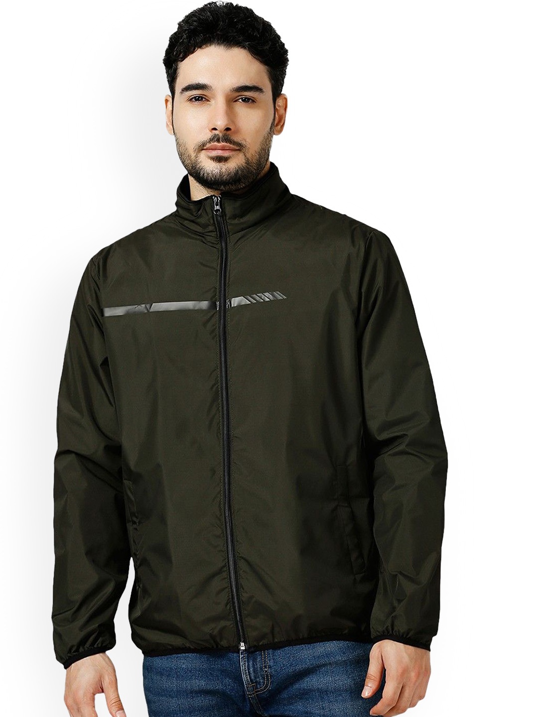 

Zeel Men Windcheater Open Front Jacket, Olive