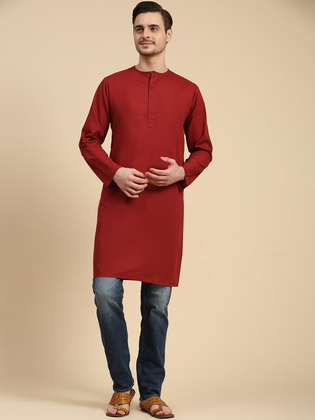 

SKAVIJ Round Neck Cotton Straight Kurta, Red
