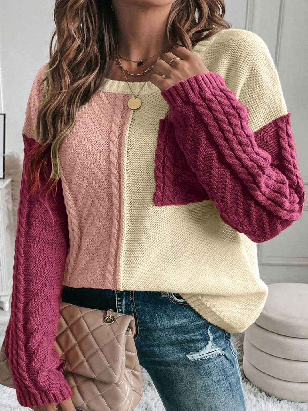

StyleCast Women Colourblocked Round Neck Pullover, Burgundy
