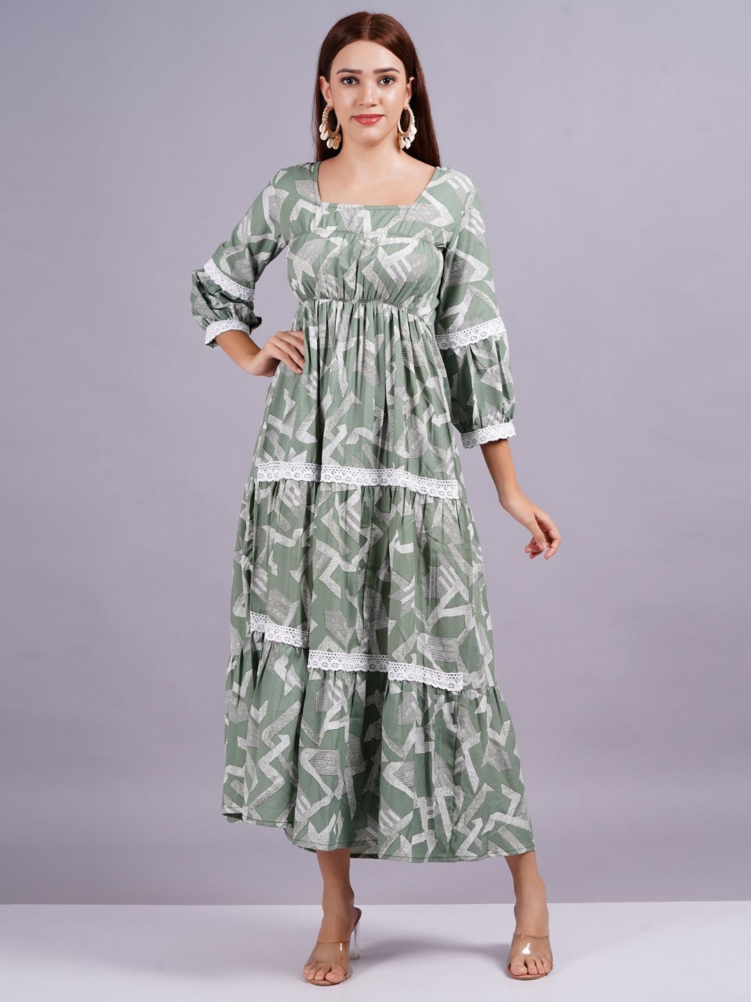 

HIGHLIGHT FASHION EXPORT Women Printed Square Neck Fit and Flare Maxi Dress, Green