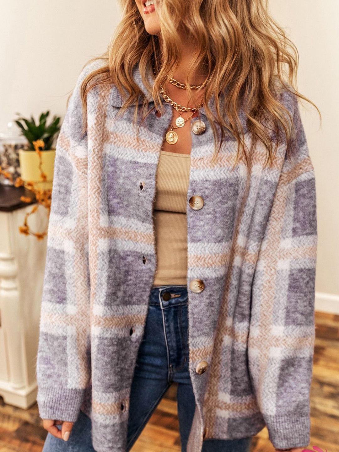 

StyleCast Women Checked Cardigan, Purple