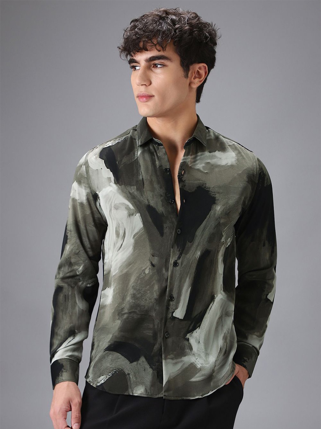 

Banana Club Men Classic Abstract Printed Slim Fit Casual Shirt, Olive