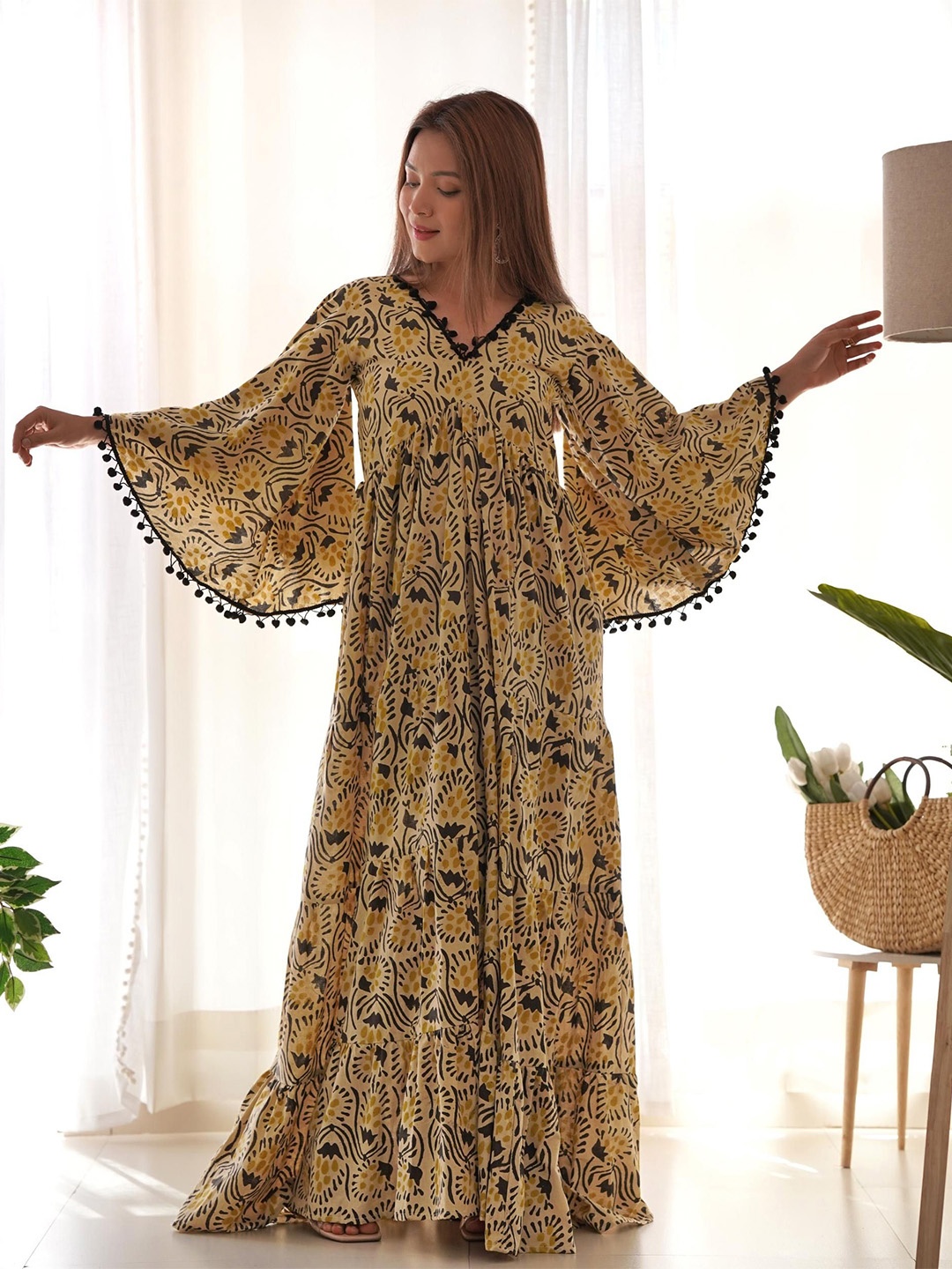 

Rangpur Women Cotton Floral Printed Bell Sleeve Fit & Flare Maxi Dress, Beige