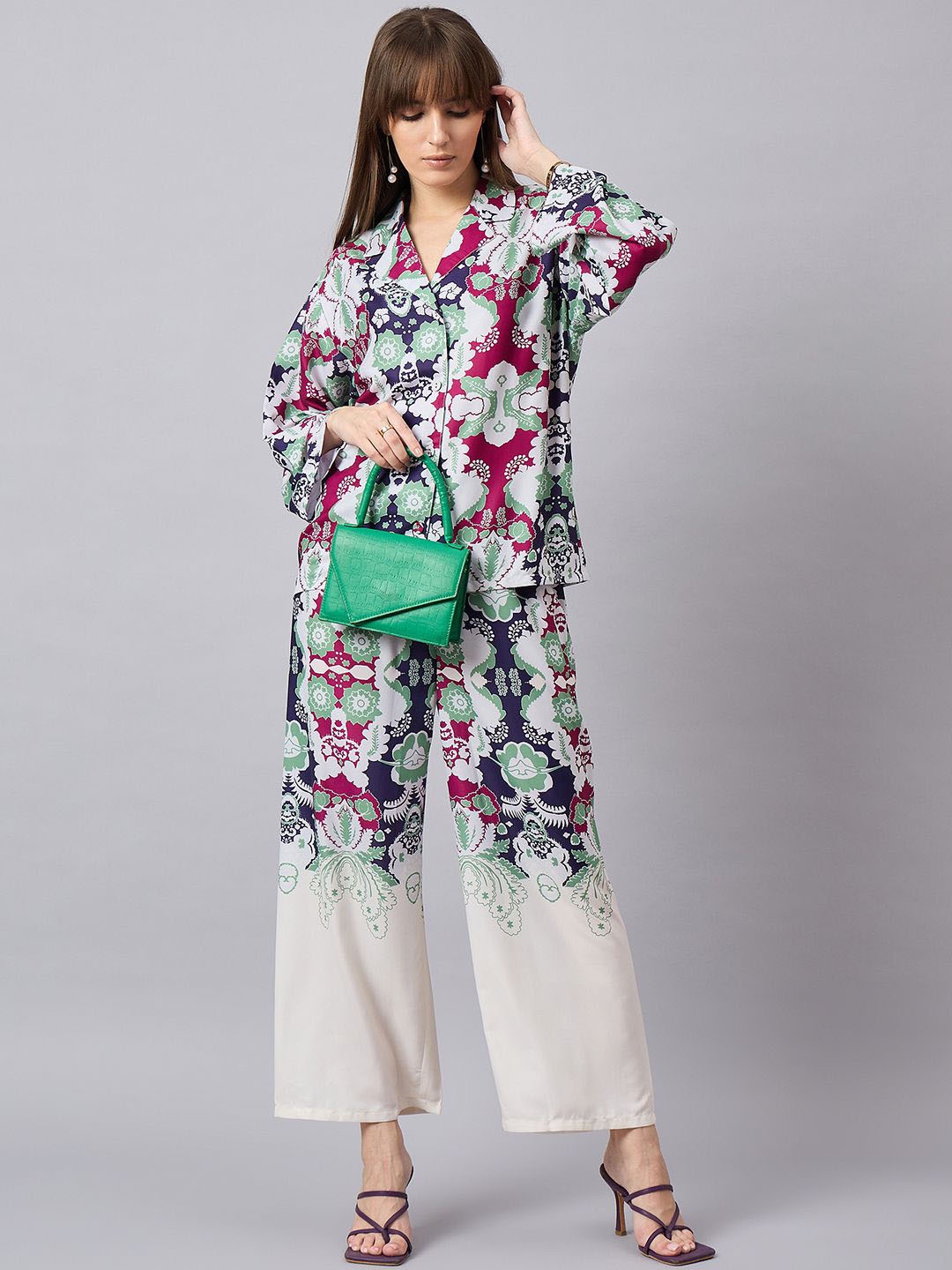 

Orchid Blues Notched Lapel Collar Printed Shirt With Palazzo, Off white