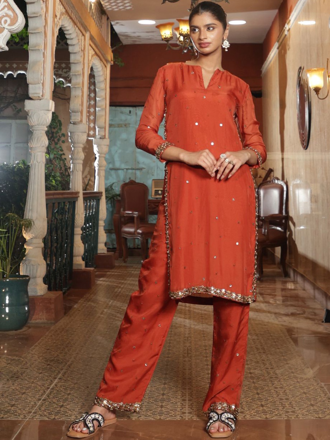 

RIRASA Geometric Embroidered Sequinned Organza Straight Kurta With Trouser, Orange