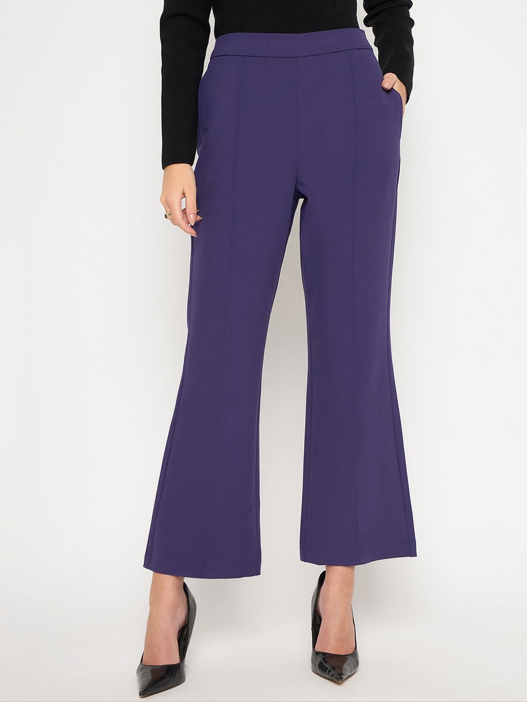 

Madame Women Pleated Regular Fit Bootcut Trousers, Purple