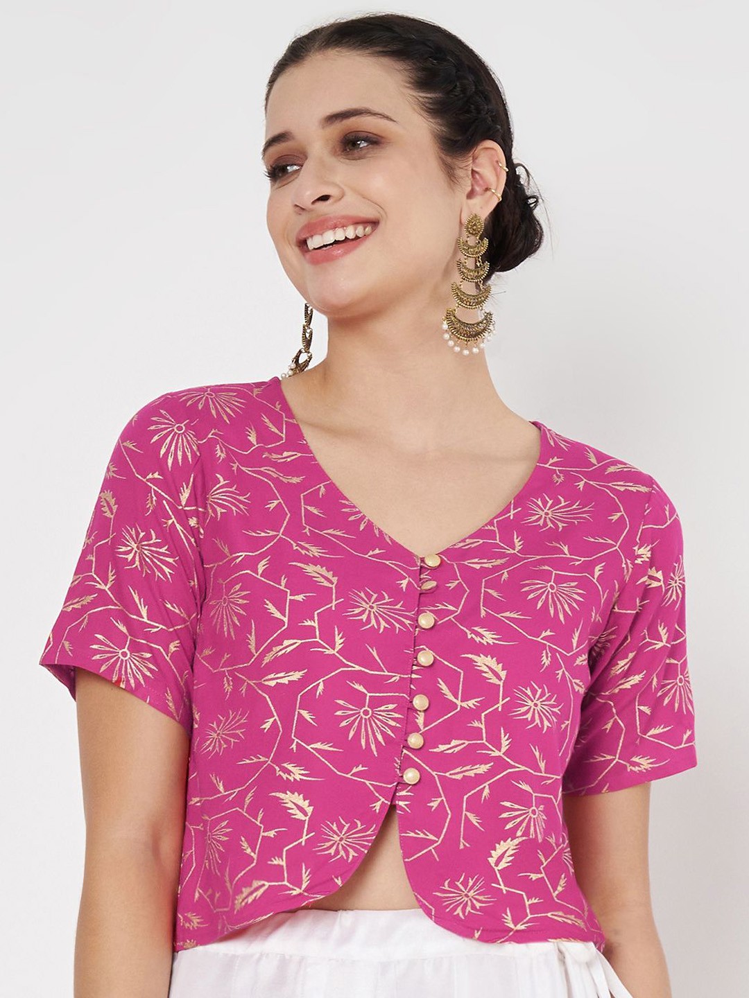 

studio rasa Women Floral Printed Button Down Saree Blouse, Pink