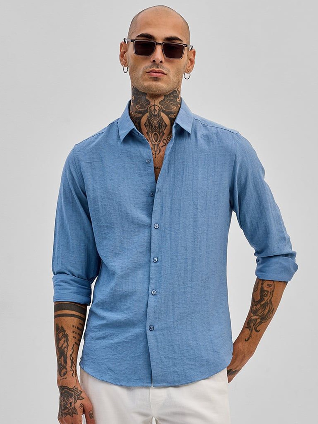 

Snitch Men Smart Solid Slim Fit Linen Casual Shirt, Blue