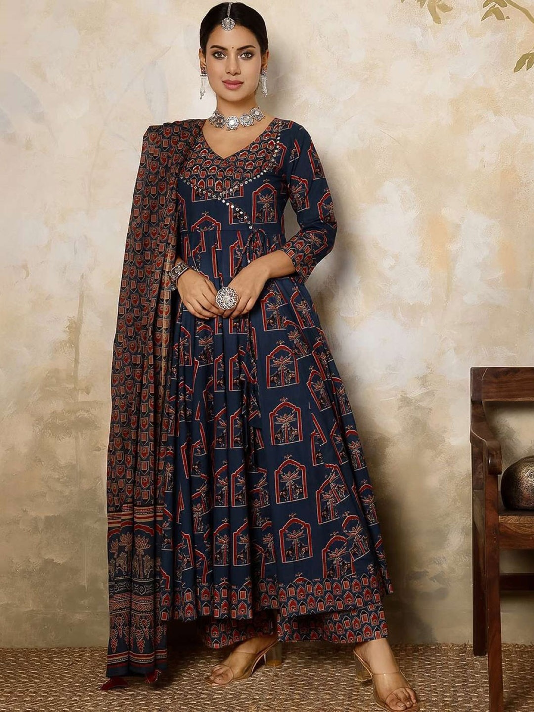 

PARTHVI Floral Printed Angrakha Thread Work Pure Cotton Kurta with Trouser & Dupatta, Blue