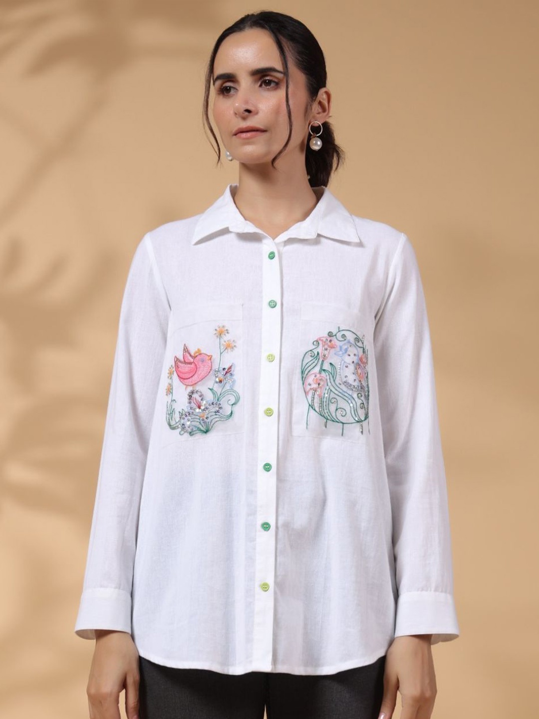 

Zolo Label Women Floral Embroidered Cotton Shirt Style Top, White