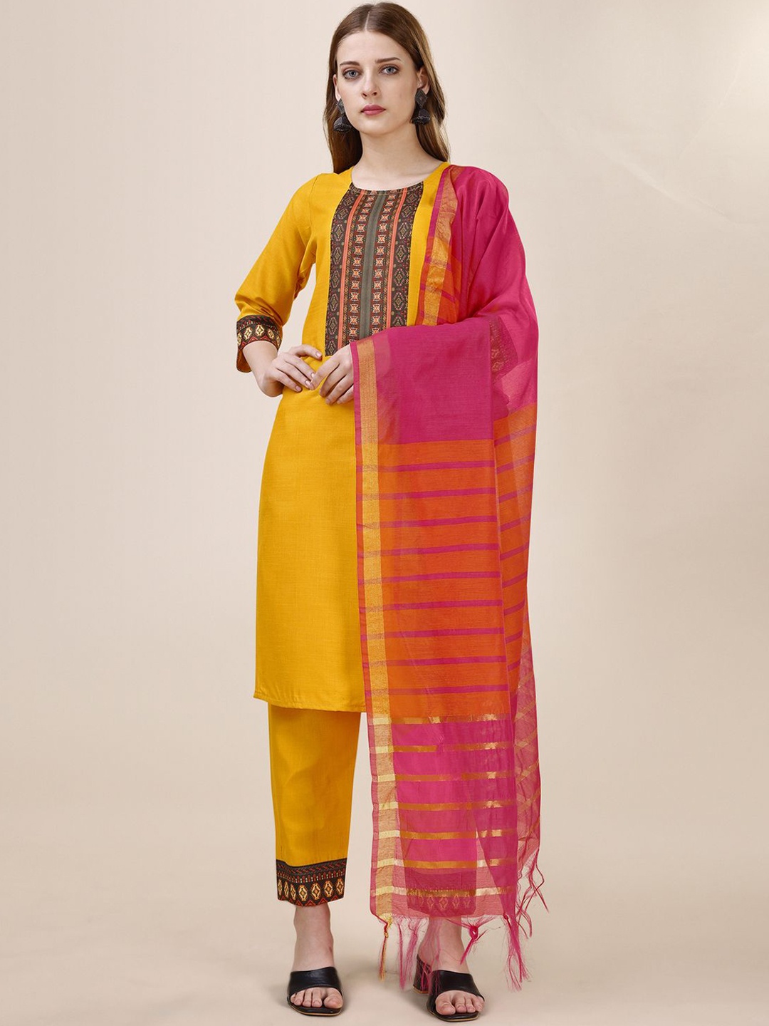 

Sidhidata Floral Printed Yoke Design Straight Kurta With Trousers & Dupatta, Mustard