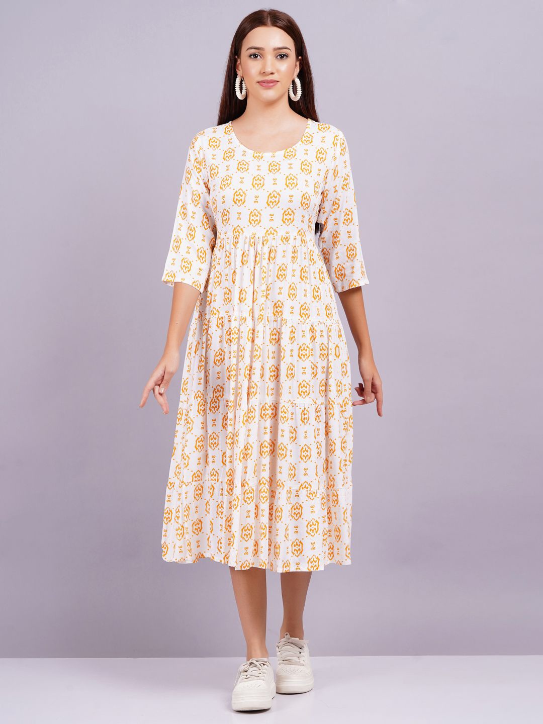 

HIGHLIGHT FASHION EXPORT Women Geometric Printed Fit & Flare Midi Dress, Orange