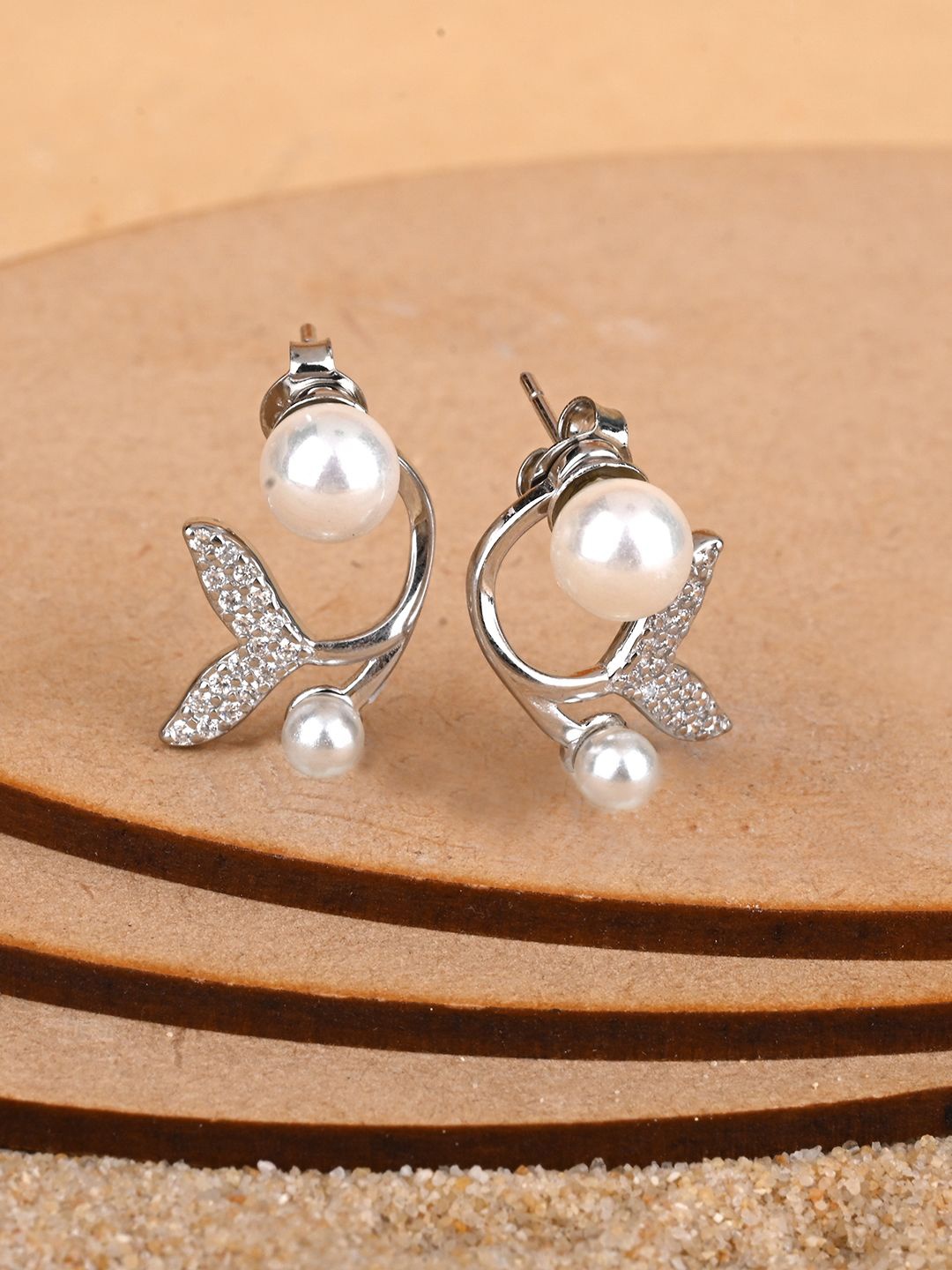 

TOUCH925 Pure Silver Stone Studded & Pearls Beaded Circular Studs