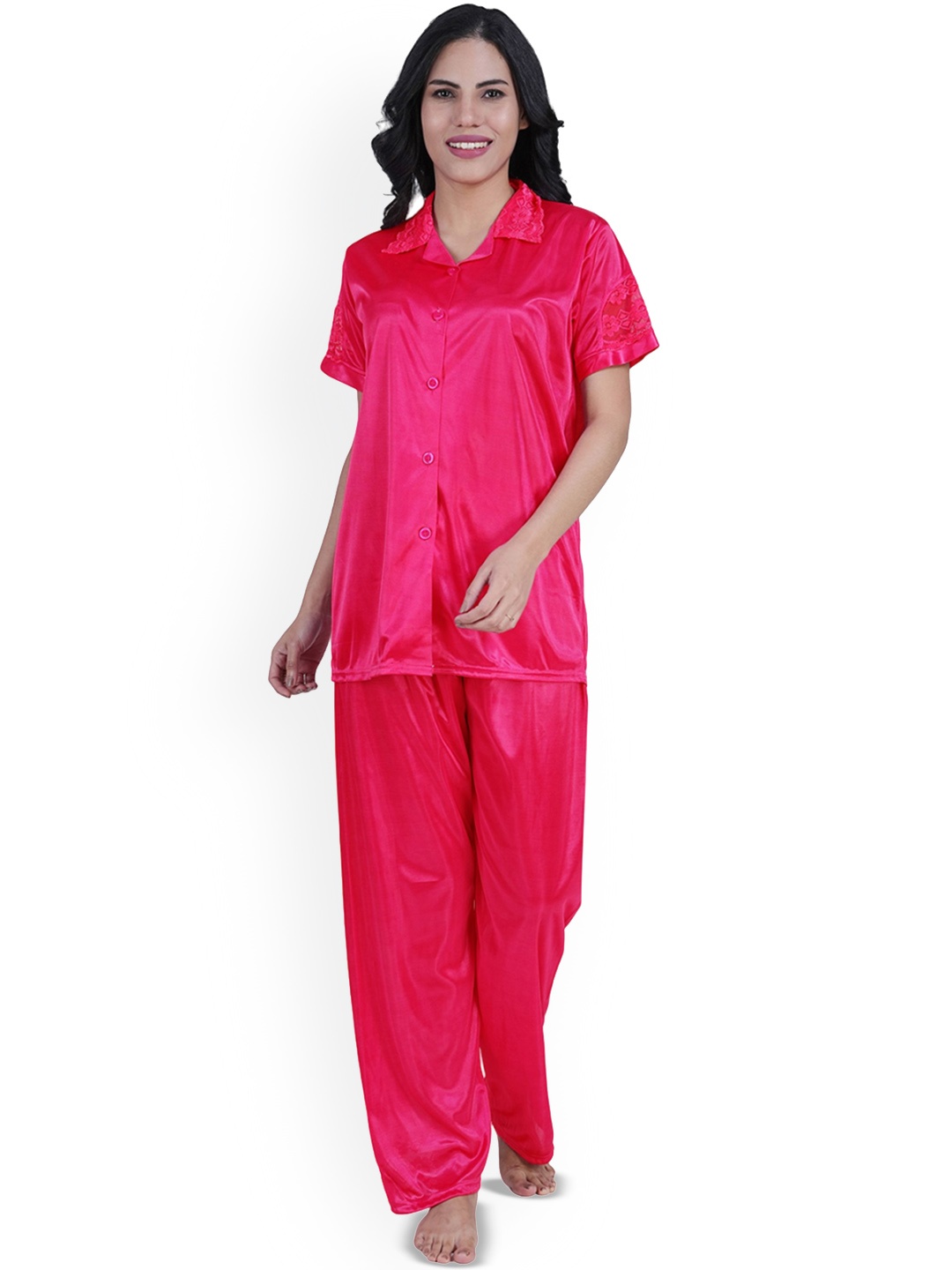 

Noty Women Front Open Night suit with Lace Work, Pink