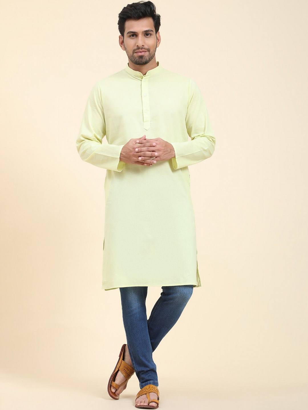 

SKAVIJ Band Collar Cotton Straight Kurta, Lime green