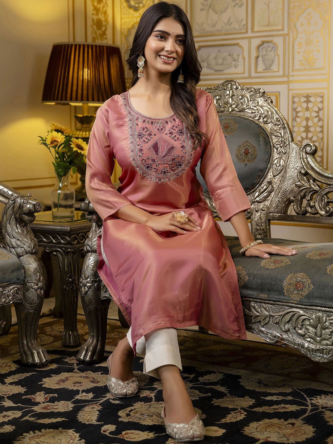 

VredeVogel Floral Embroidered Round Neck Regular Sequinned Straight Kurta, Pink