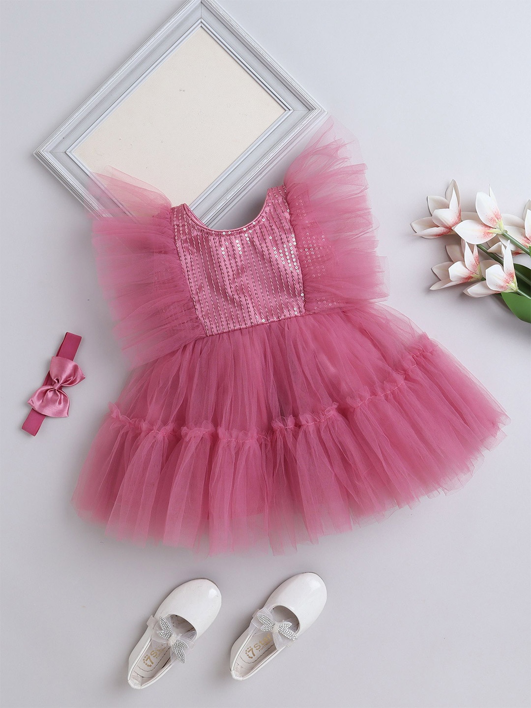 

The Magic Wand Girls Round Neck Ruffles Fit & Flare Dress, Pink