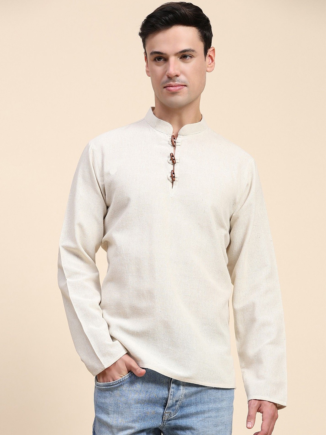 

SKAVIJ Mandarin Collar Cotton Straight Kurta, Off white