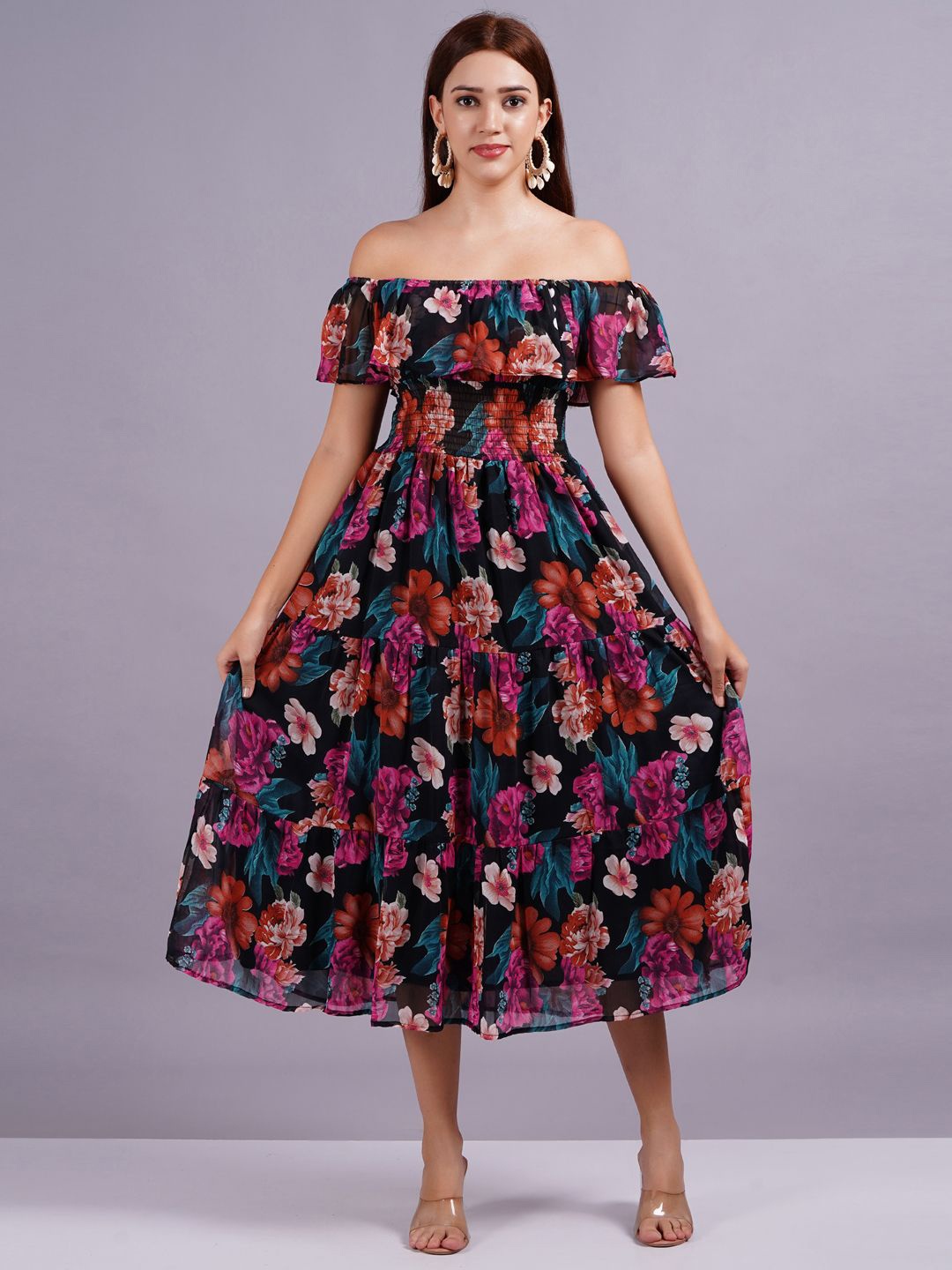 

HIGHLIGHT FASHION EXPORT Women Floral Printed Off-Shoulder Fit & Flare Dress, Black