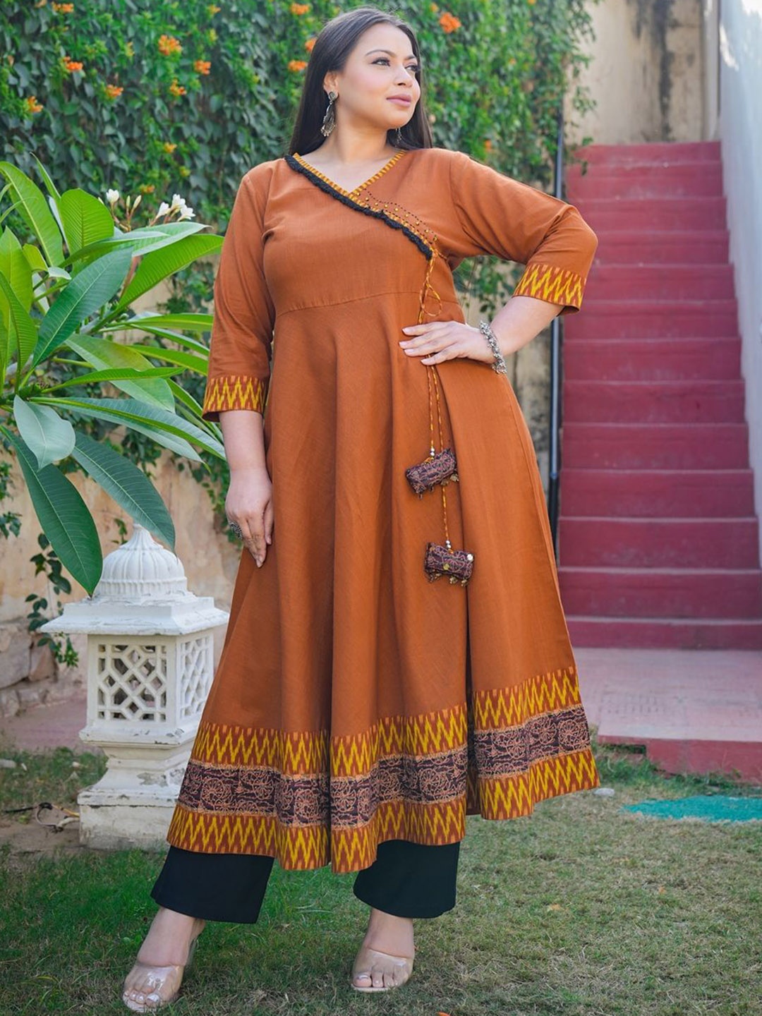 

IKRASS V-Neck Angrakha Anarkali Kurta, Brown
