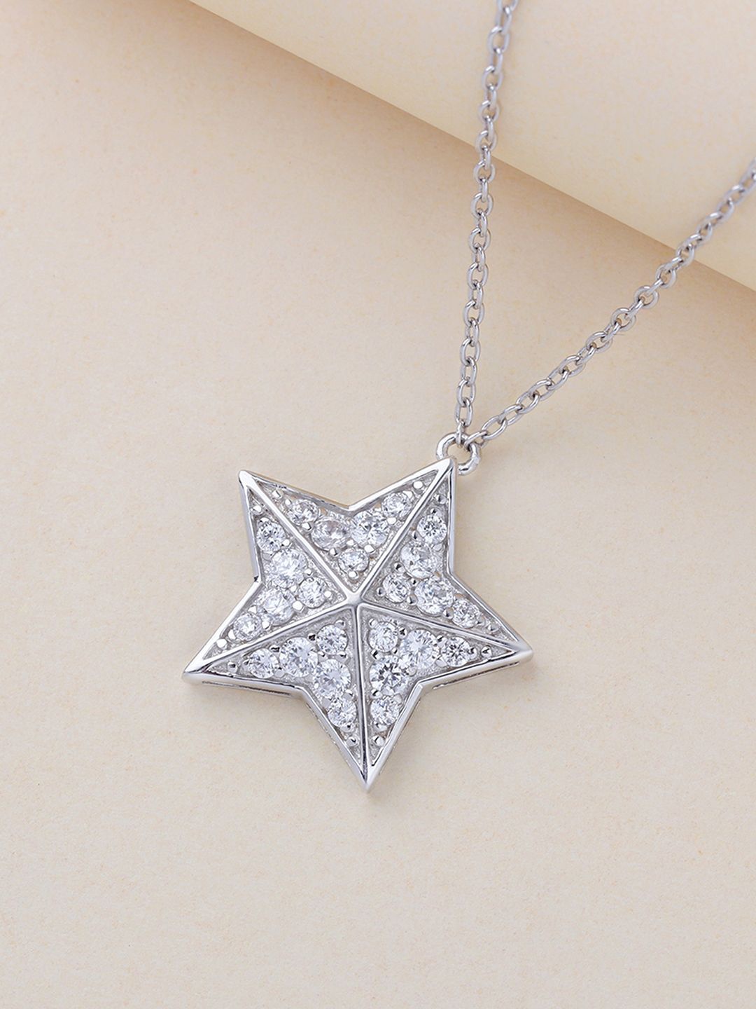 

Ornate Jewels 925 Sterling Silver Rhodium-Plated AD Star Shaped Pendant With Chain