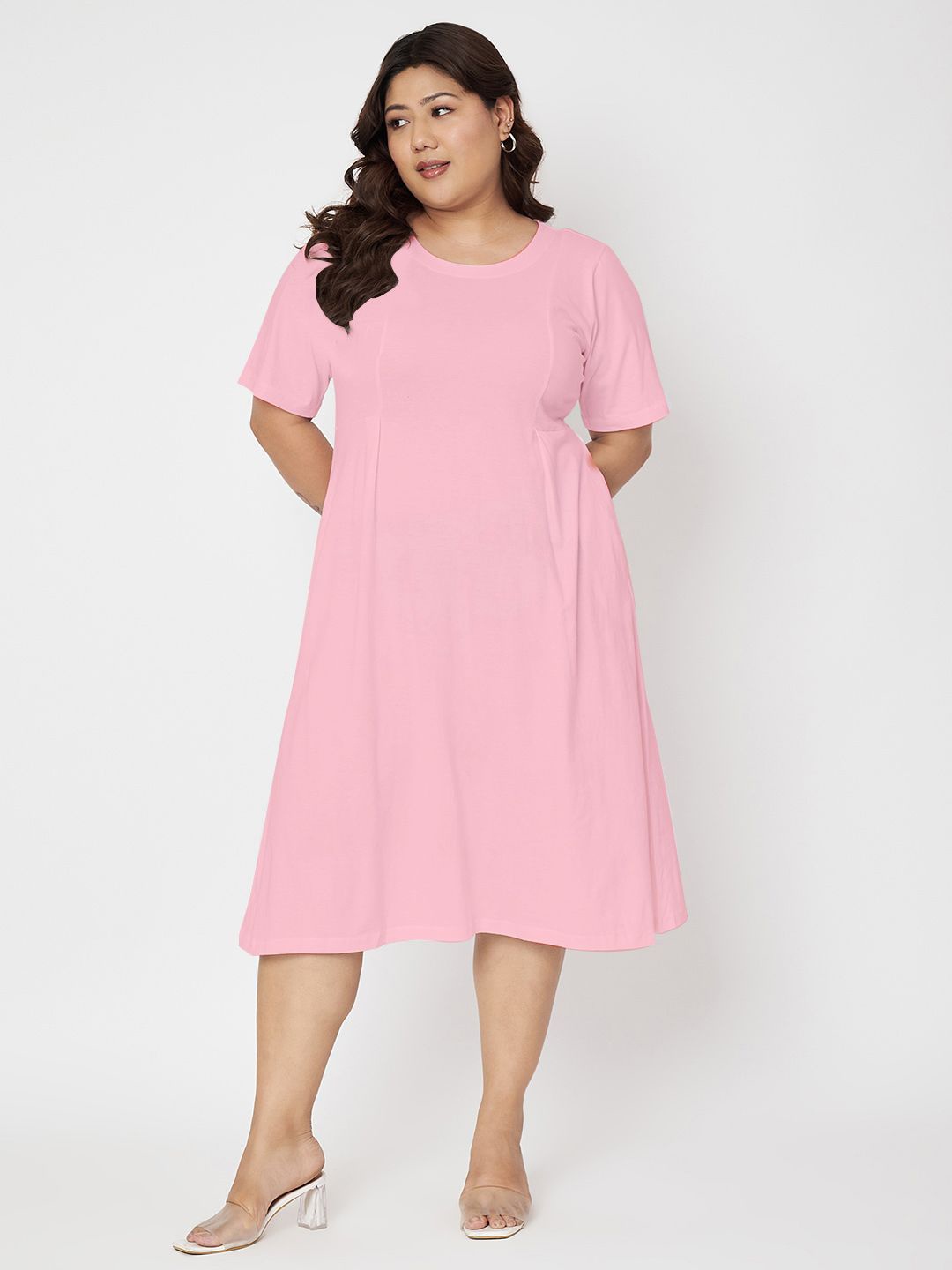 

BRINNS Plus Size Pure Cotton Round Neck Short Sleeves A-Line Midi Dress, Pink